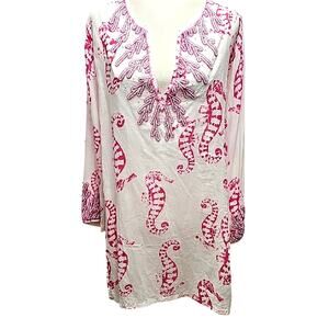 KeyLime & Pink Seahorse Beautifully Beaded 100% Pure Cotton Coverup Wmn Size XL